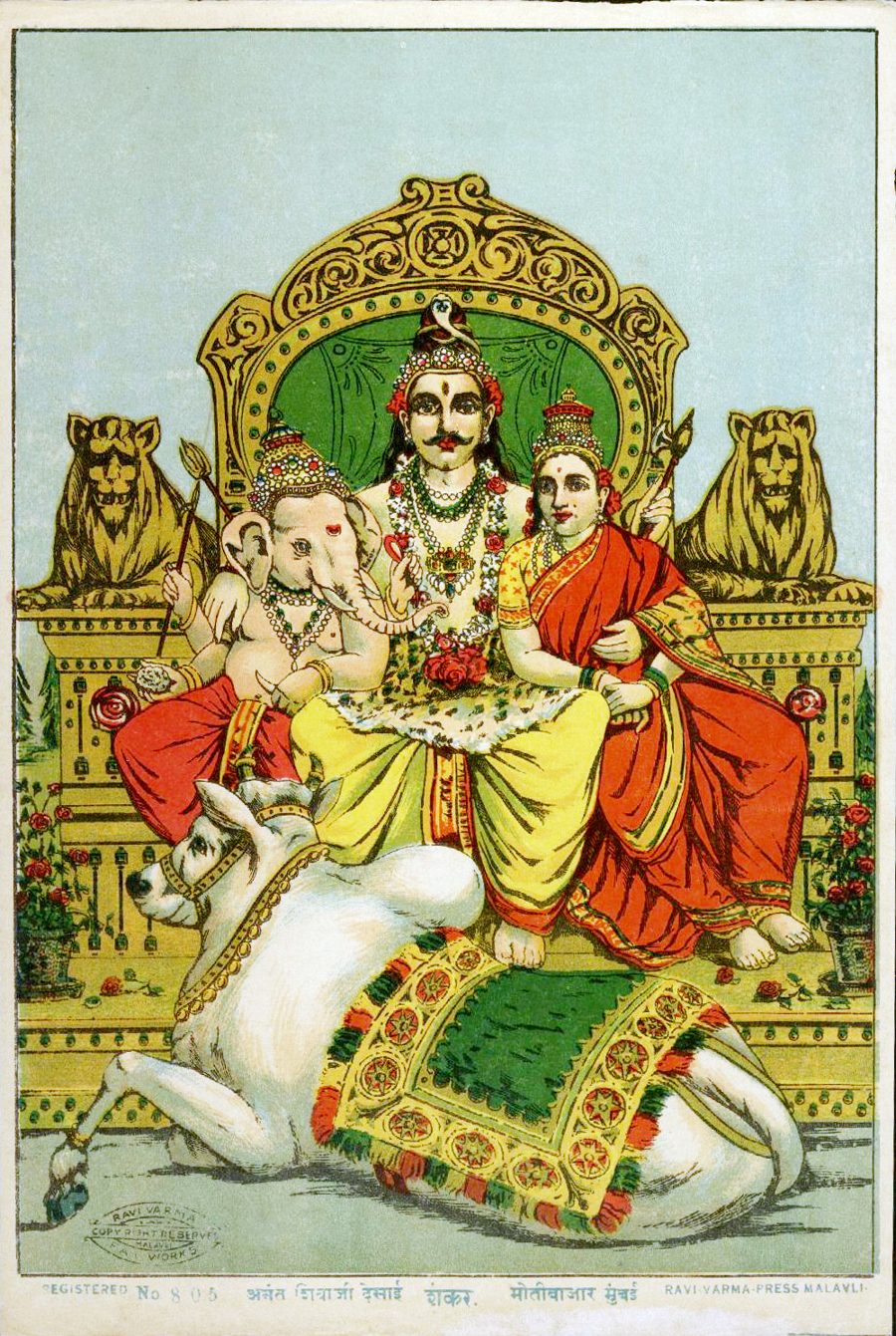 Shiva and Parvati with Ganesha and Murugan on Nandi — a traditional South Indian devotional print